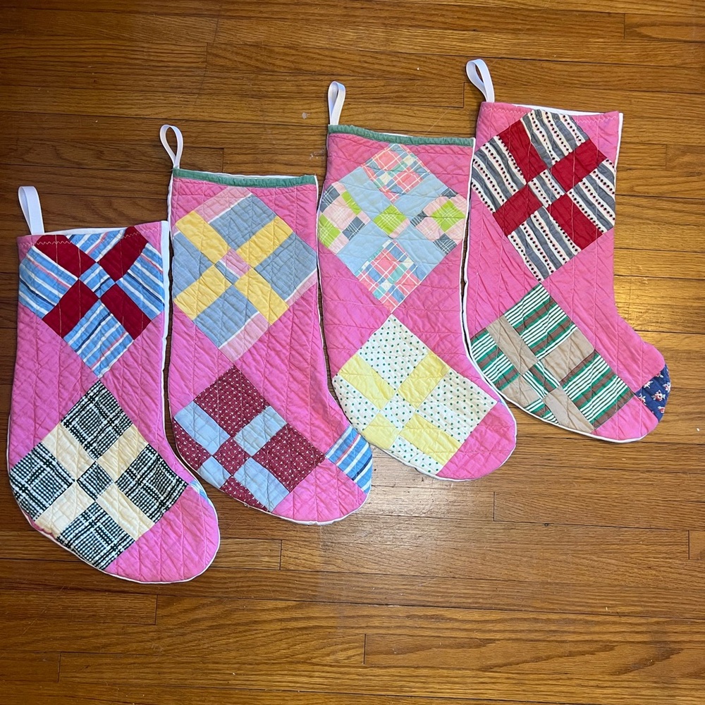 Vintage Christmas Stockings Quilt Bundle of 4 Pinks & Blues Primitive Christmas
